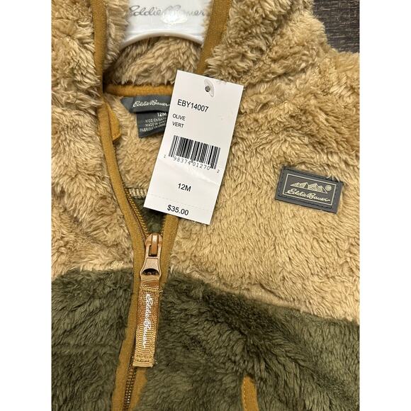 Eddie Bauer Baby Sherpa Fleece Zip Hoodie Jacket — Olive Colorblock, 12M, NWT - Picture 3 of 3